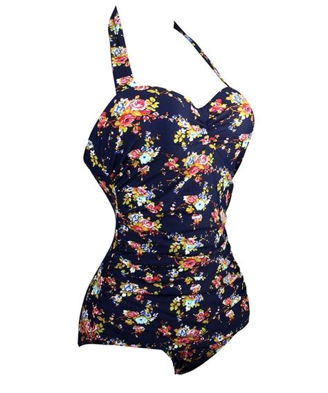 Womens Vintage 50s Swimsuit One Piece Bathing Suit Navy Floral