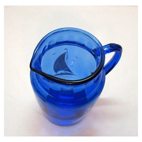 Vintage Hazel Atlas Cobalt Blue Sportsmans Series Glass Pitcher 1930s