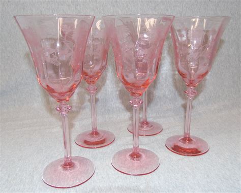 5 Depression Fostoria Pink Etched Sunflower Wine Glasses M815 Antique Price Guide Details Page
