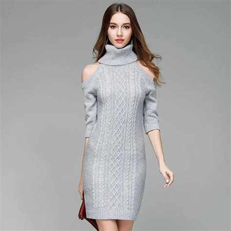 knitted dresses women robe hiver autumn winter sweater turtleneck dresses knee length gray