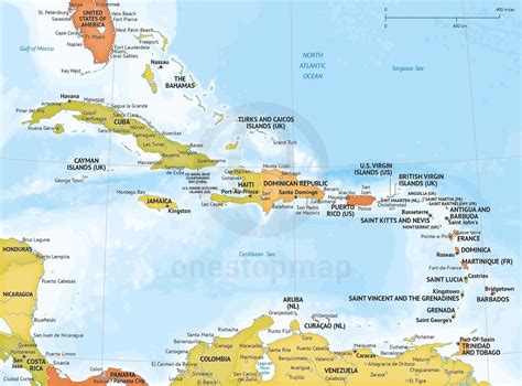 Caribbean Map With Countries Capitals Cities Roads And Water