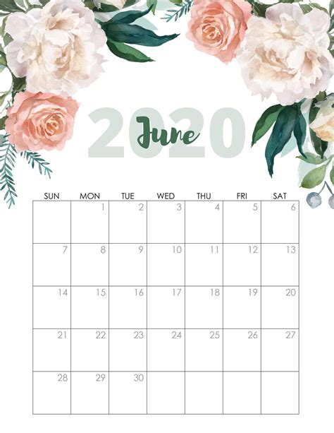 June 2020 Floral Calendar Calendar Printables Free Printable Floral