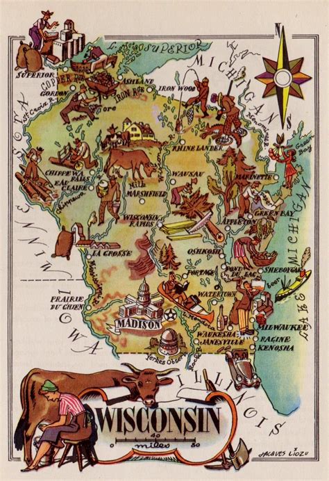 1940s Antique Wisconsin Picture Map Animated State Map Of Etsy