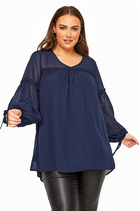 Yours London Navy Chiffon Frill Blouse Yours Clothing