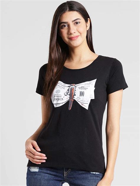 Buy Online plusS Women Black Printed Round Neck T-shirt at best price 