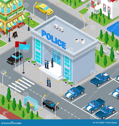 Isometric Police Department Building With Policeman And Police Car