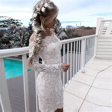 Sheath Off The Shoulder Long Sleeves White Lace Homecoming Cocktail