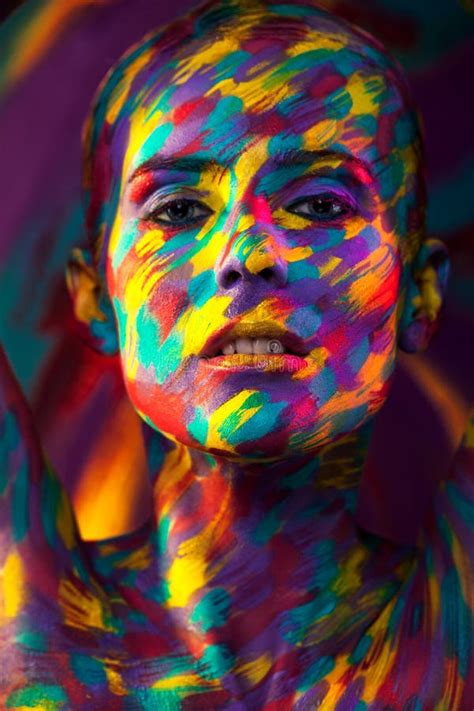 Portrait Of The Bright Beautiful Girl With Brush Art Colorful Make Up