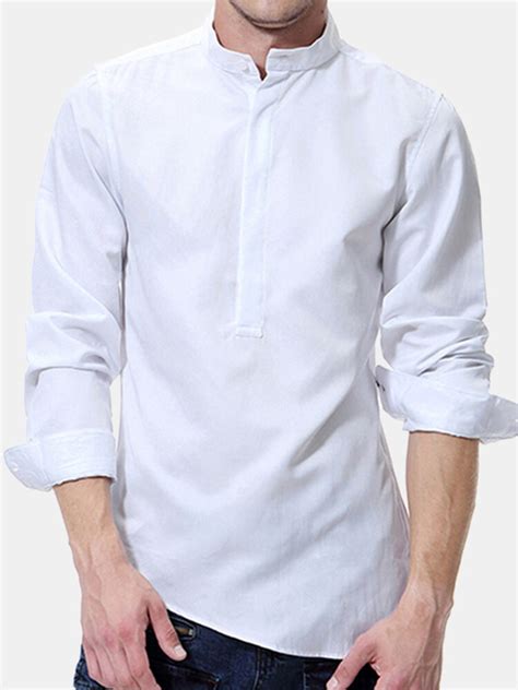 Chinese Collar Shirts Solid Color Slim Fit Long Sleeve Shirt For Men