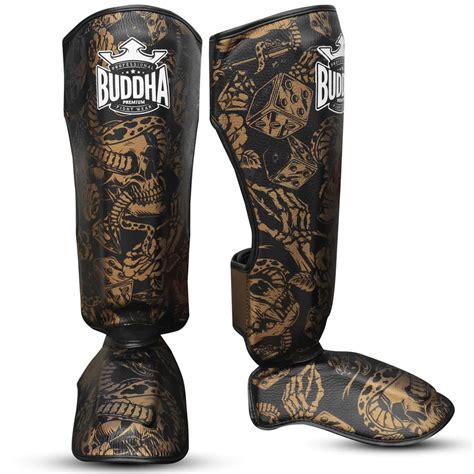 Buddha Espinilleras Muay Thai Kick Boxing Night Skull Preto Dourado