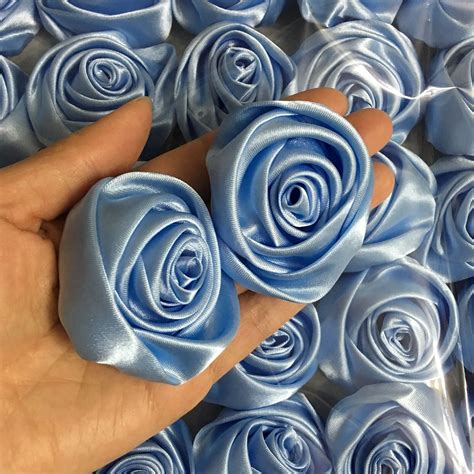 24pc light blue 2 satin ribbon rose flowers diy wedding bridal bouquet 50mm ebay