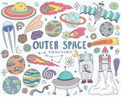 Space Clipart Cute Space Doodles Clip Art Set Vector Png Etsy Space