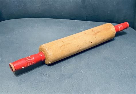 Vintage Wood Rolling Pin Red Decorated Handles Farmhouse Primitive