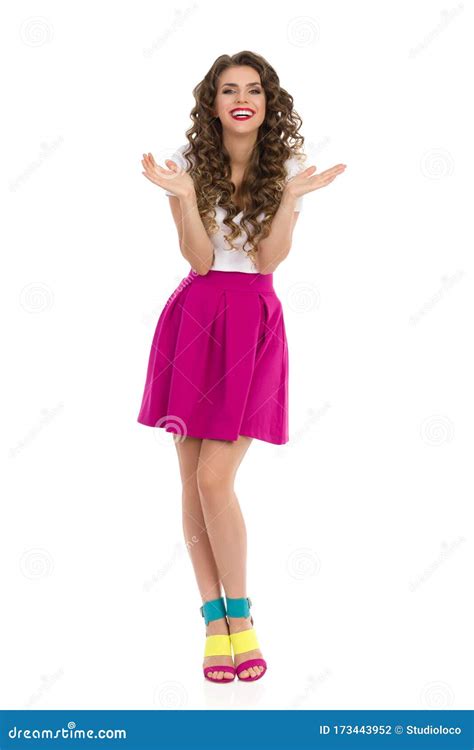 Laughing Vibrant Woman Is Standing And Gesturing Stock Photo Image Of