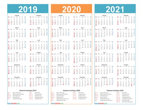 3 Year Calendar 2019 To 2021 Printable