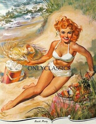1962 Joyce Ballantyne Pin Up Print Bikini Clad Redhead Beach Party