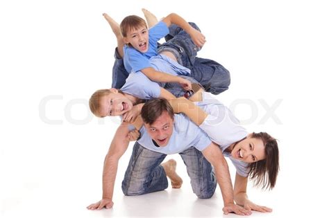 What is a family picture and a family portrait? Funny family on white | Stock Photo | Colourbox