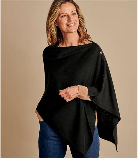 Black Womens Cashmere Merino Blend Button Poncho Woolovers Us