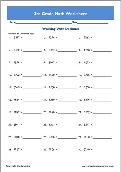 Free Printable Math Sheets For 3rd Grade