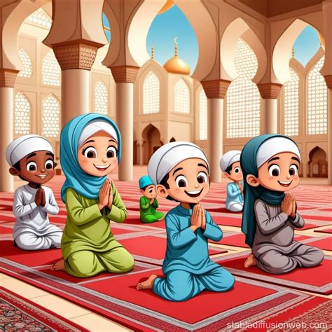 Joyful Muslim Children Praying In Mosque Stable Diffusion Online