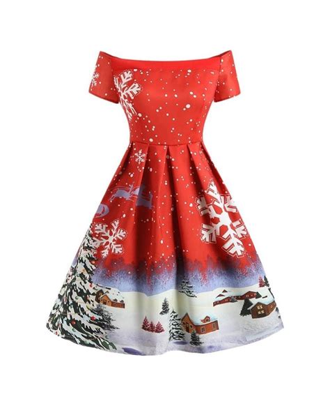 christmas snowflake print off the shoulder dress lava red 4r40822013 size m dresses