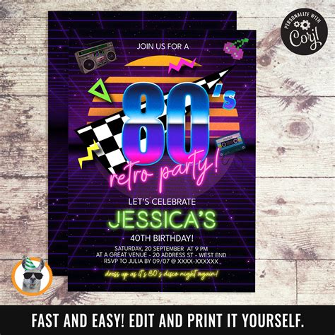 80s Retro Birthday Party Invitation Editable Digital File Etsy