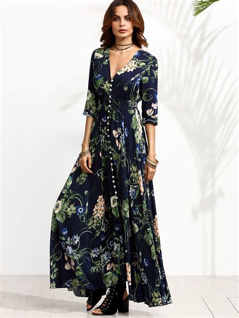 Calico Print Plunge Neck Button Front Maxi Dress Sheinsheinside