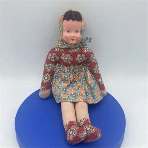 Vintage 1940s Sawdust Filled Cloth Doll Painted Composition Face Made