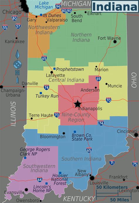 Landkarte Indiana Übersichtskarteregionen Karten
