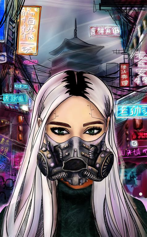 Download Wallpaper 1853x2986 Girl Respirator Cyberpunk Mask Art Hd Background