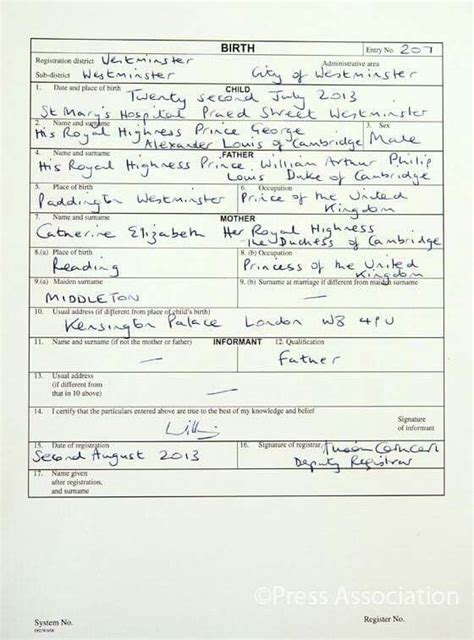 Prince George Of England S Birth Certificate 2013 William Kate Prince