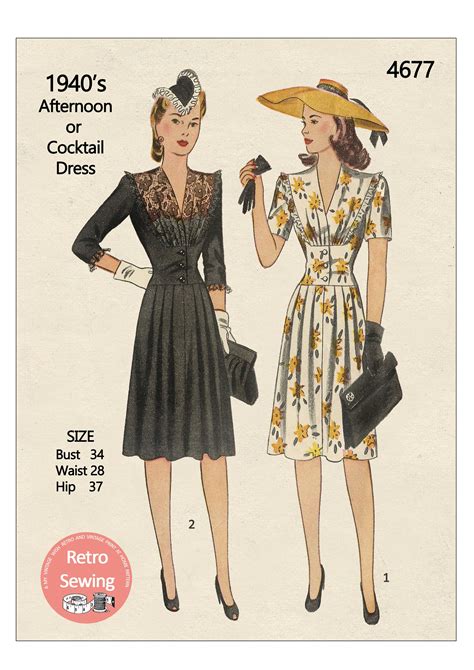 1940s Wartime Shirt Dress With Pockets Pdf Sewing Pattern Bust 34 40s