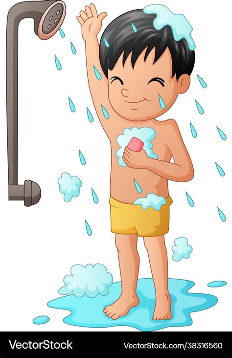 Funny Little Boy Having Bath With Shower Vector Image