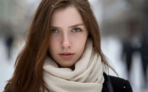 wallpaper scarf depth of field face portrait black coat looking at viewer open mouth