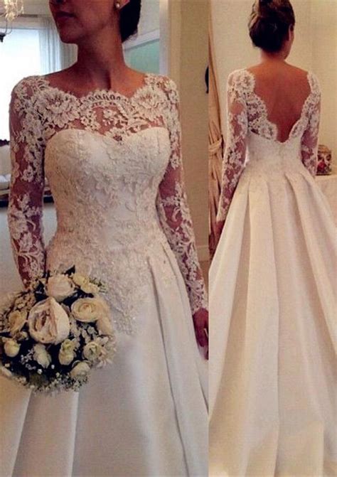 A Line Princess Scalloped Neck Chapel Train Satin Wedding Dresses With Appliqued Lace