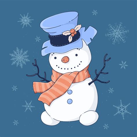 Christmas Card Cute Cartoon Snowman In Top Hat And Scarf 690335 Vector