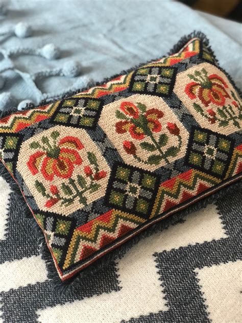Embroidered Swedish Scandinavian Folk Art Decorative Pillow Floral