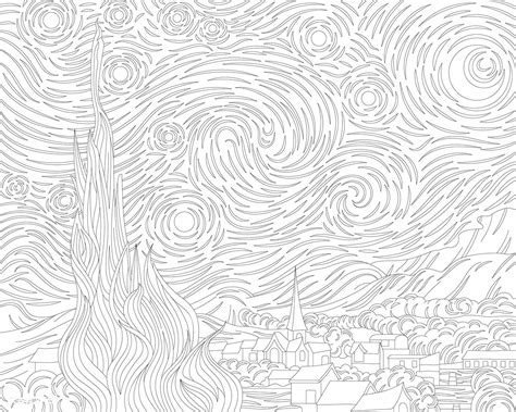 The Starry Night 1889 By Vincent Van Gogh Adult Coloring Page Free