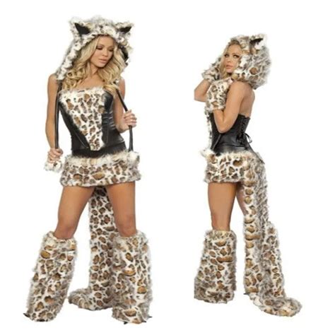 Leopard Print Furry Catwoman Costume Set Sexy Halloween Nightclub Clothing For Christmas