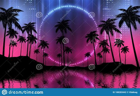 Empty Dark Tropical Background Of Night Sea Beach Neon Light City