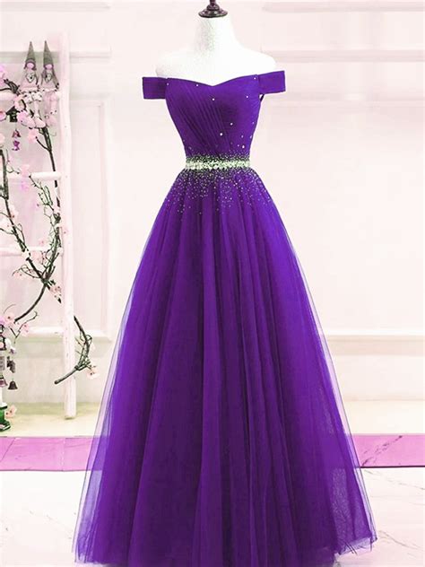 Lovely Purple Off Shoulder Beaded Long Prom Dress Purple Formal Dress