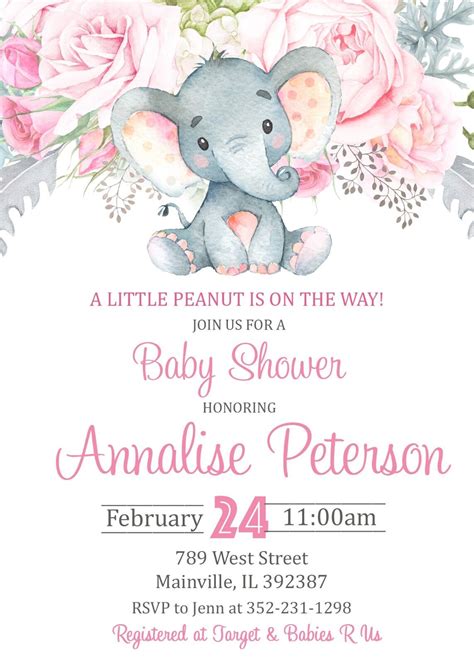Elephant Baby Shower Invitation Floral Pink Girl Elephant