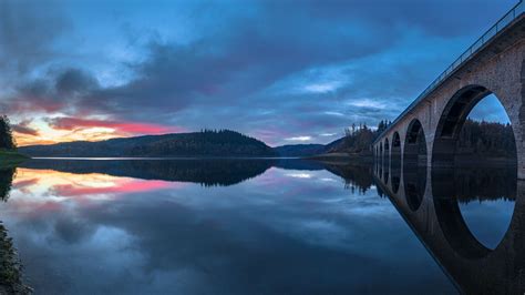 Bridge Green Trees Mountains Reflection On Water Under Blue White