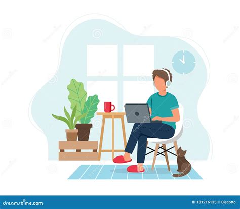 Work From Home Concept Man Working From Home Sitting On A Chair
