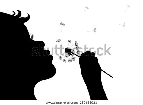 Silhouette Little Girl Blowing Dandelion Isolated Stock Vector Royalty