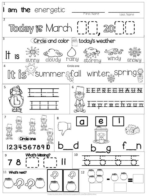 Morning Work Kindergarten Packet For March Common Core Preschool