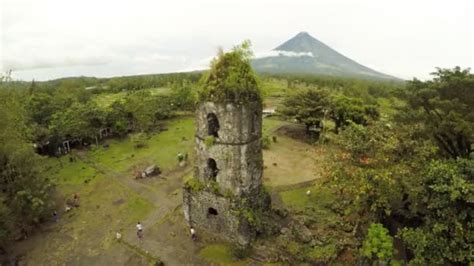 Aerial View Cagsawa Church Ruins With Mount Mayon Volcano In The