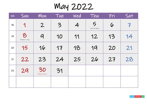 May 2022 Calendar Printable With Holidays Riset