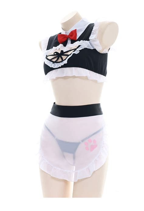 See Through Lingerie Two Piece Cat Paw Print Maid Chest