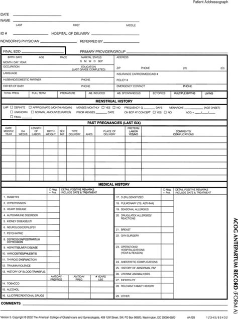 Blank Printable Acog Prenatal Record Forms